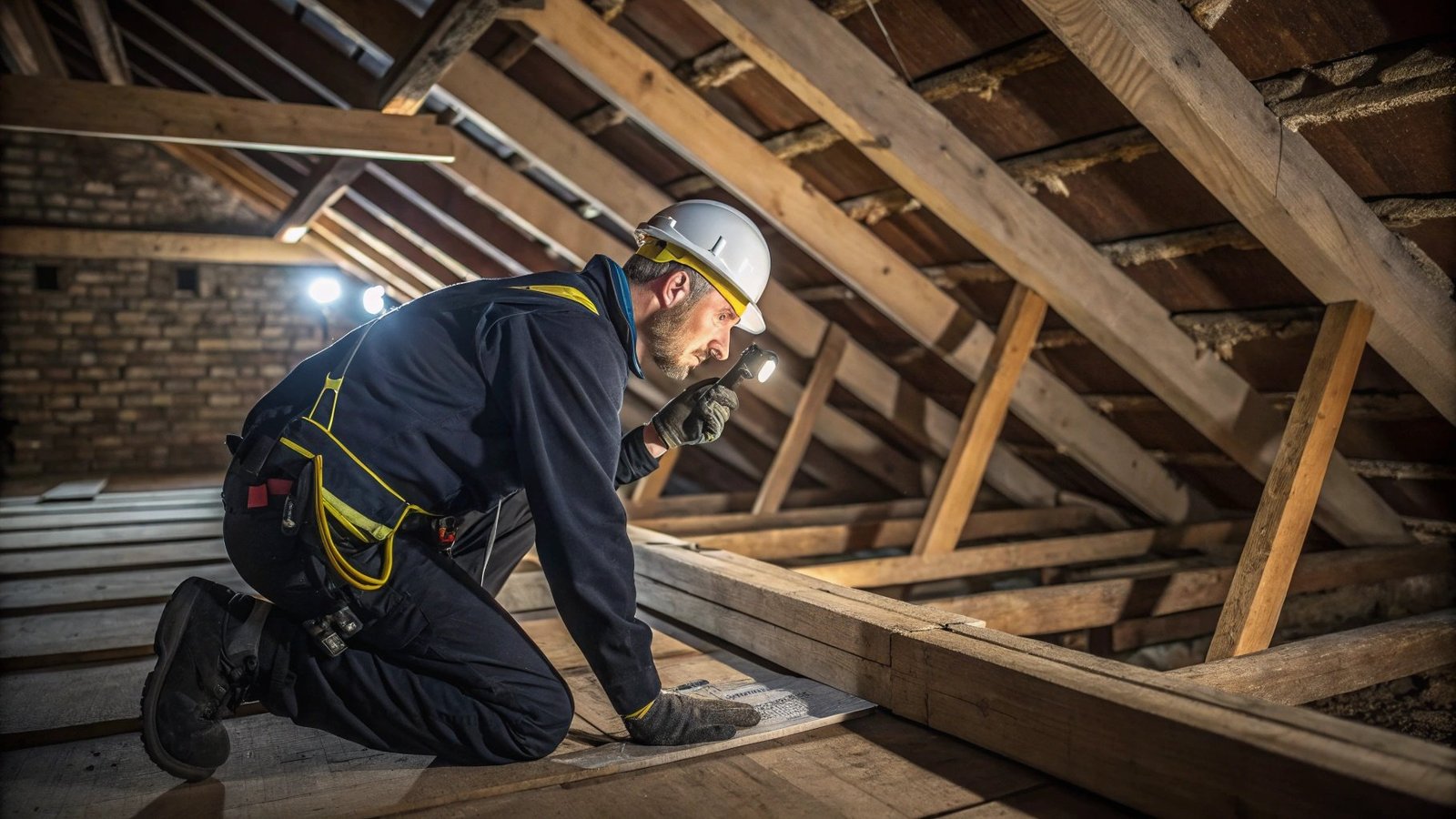 Surveyor inspecting roof and attic spaces for defects